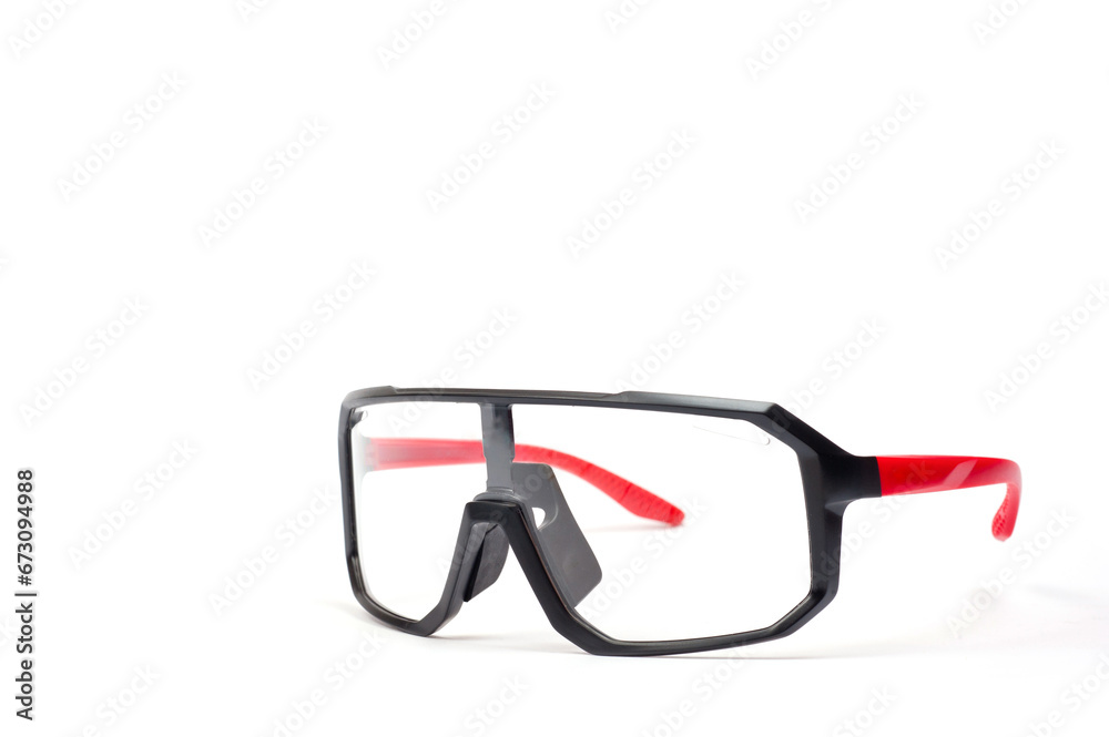 Cycling glasses for sports, unisex, plastic, with red temples. Cycling glasses for sports, unisex, plastic, with red temples.