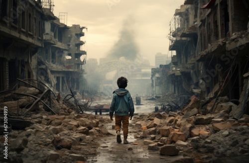 A child stands in front of buildings that have collapsed due to war