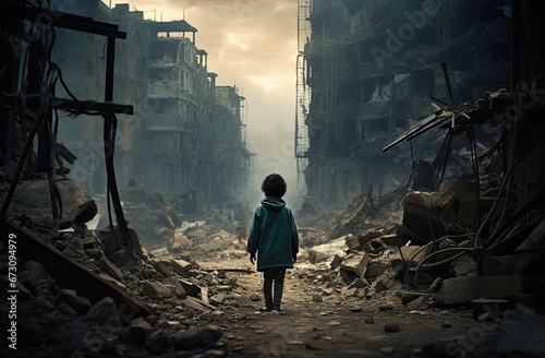 A child stands in front of buildings that have collapsed due to war
