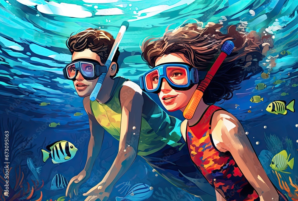 Two Little Kids Wearing Swimming Goggles Enjoying Carefree Summer Fun