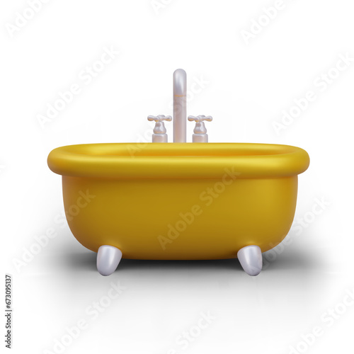 Front view of realistic bath in gold colors. Taking bath, cleaning and hygiene, water procedures concept. 3d home concept. Vector illustration with place for text