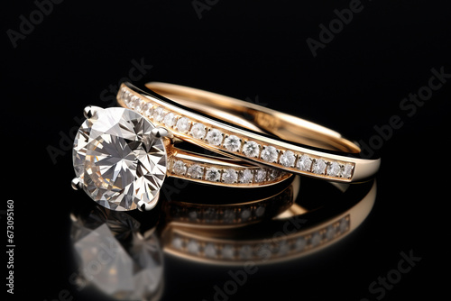 Beautiful gold two rings with a large diamond isolated on dark background, close up view.generative ai 