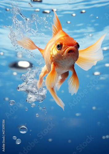 A goldfish is just jumping from a fishbowl and looking back the water splashing with blue background created with Generative Ai