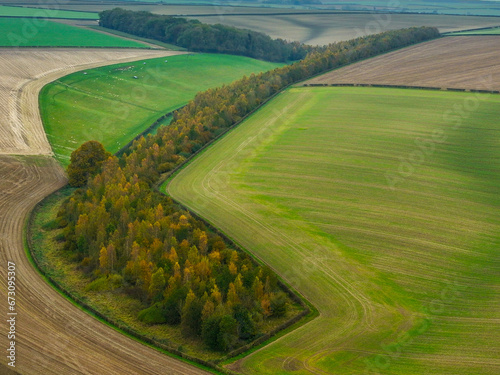 Aerial View Yorkshire Wolds.The Yorkshire Wolds are hills in the counties of the East Riding of Yorkshire and North Yorkshire in Northern England. 