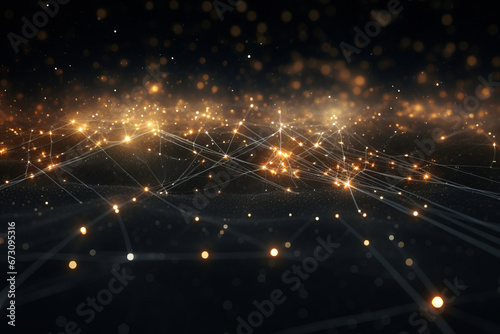 Abstract background of glowing gold mesh or interwoven lines on a dark background.generative ai

