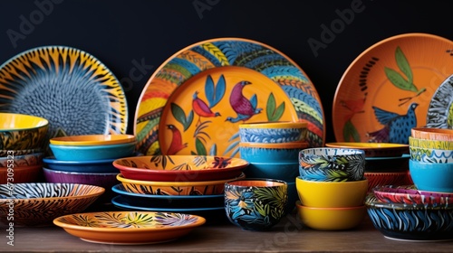 A collection of vibrant, hand-painted ceramic plates and bowls
