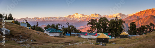 Panoramic view from Chopta camping location. Chopta is a base for trekking to Tungnath-Chandrashila, It is a famous peak in the Himalayan ranges in Uttarakhand state of India.