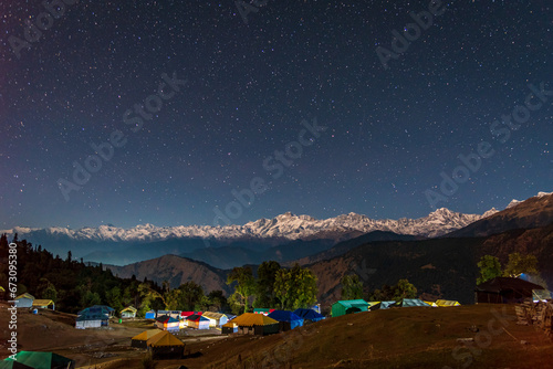 Panoramic view from Chopta camping location. Chopta is a base for trekking to Tungnath-Chandrashila, It is a famous peak in the Himalayan ranges in Uttarakhand state of India.