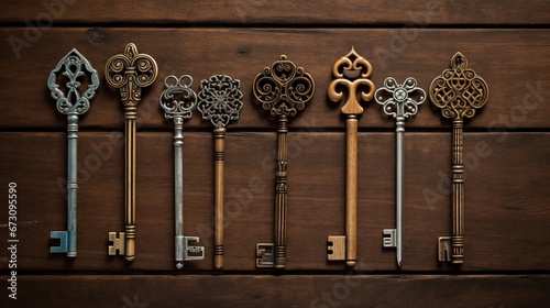 A collection of various keys on a wooden surface, including old-fashioned skeleton keys and modern keys with intricate patterns