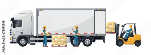 Workers loading a container truck with a forklift with a pallet of stacked boxes. Forklift driving safety. Cargo and shipping logistics. Industrial storage and distribution of products