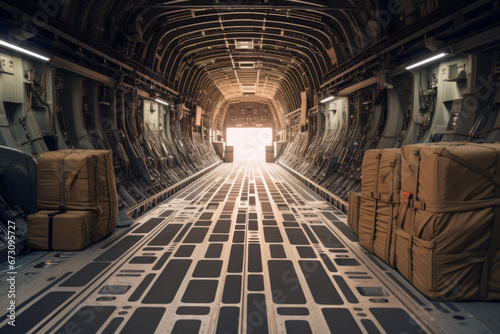 The interior of a military transport plane with cargo or aid for Ukraine.generative ai
 photo