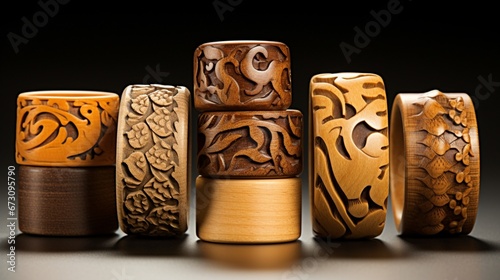 A group of wooden rings carved with intricate patterns, displaying their natural woodgrain