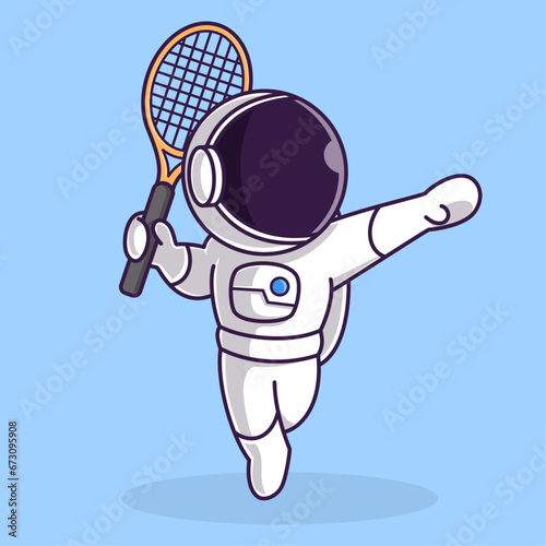 Little Cute Astronaut Kids Playing Tennis. Cartoon Illustration Design. Isolated Premium Vector File, background is easy to edit. Can use for Icon, Logo, banner, flyer or any design project