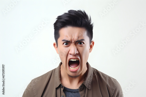 Angry mature Asian man with glasses yelling, head and shoulders portrait on white background. Neural network generated image. Not based on any actual person or scene.