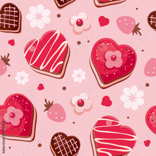 Seamless pattern with cute chocolate, red strawberry hearts, candies, cakes, flowers. Valentine's day decorated cookies, cake pops background.