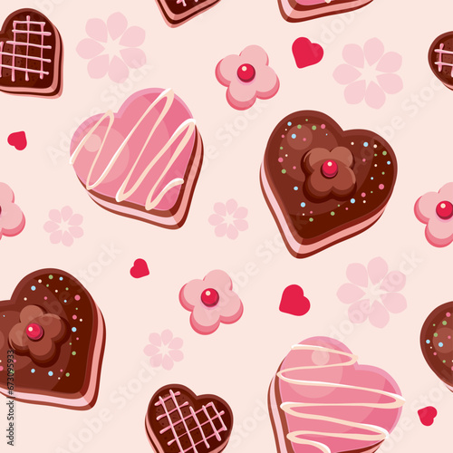Seamless pattern with cute chocolate, pink hearts, candies, cakes, flowers. Valentine's day decorated cookies, cake pops background.