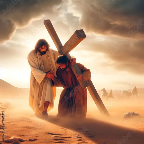 Jesus helping man carry cross photo