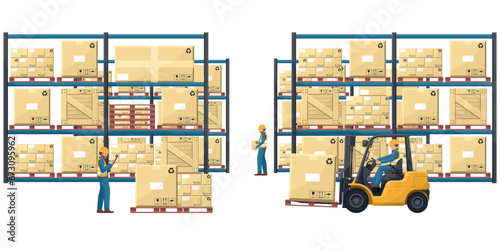 Warehouse interior with pallet racks with stacked boxes. Industrial worker driving a forklift. Forklift driving safety. Cargo and shipping logistics. Industrial storage and distribution of products