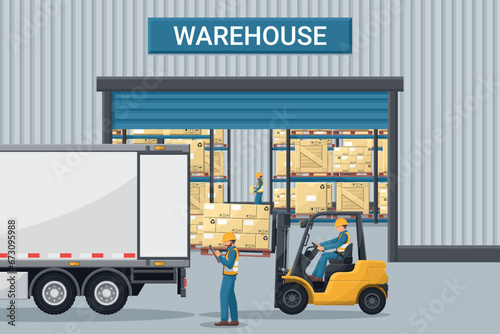 Warehouse with industrial metal racks and shelves for pallet support. Forklift loading boxes to a container truck. Cargo and shipping logistics. Industrial storage and distribution of products