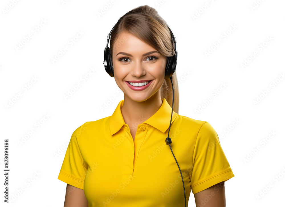 portrait of a young woman customer service representative wearing headphones in yellow clothes with a gentle smile, providing excellent support and assistance portrait of a young woman customer service representative wearing headphones in yellow clothes with a gentle smile, providing excellent support and assistance