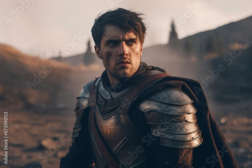 Handsome Medieval Knight King on Battlefield, Looking at Camera, Portrait of Mighty Warrior Soldier Contemplating Victory, War, Invasion, Conquest, Dramatic Scene in Cinematic Historic Reenactment