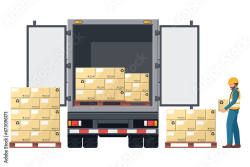 Industrial worker loading boxes into a Isothermal, efrigerated truck for the transportation of perishable foods. Cargo and shipping logistics. Industrial storage and distribution of products