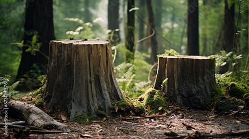 A pair of beautifully aged tree stumps standing tall in a serene forest setting