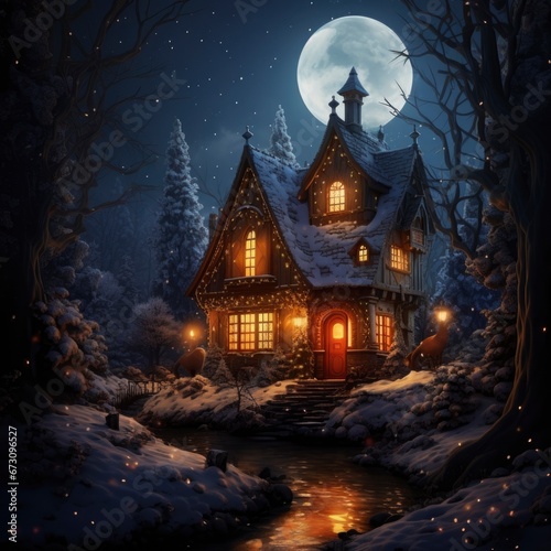 A Cozy and Enchanted Cottage in the Snowy Forest under the Full Moon © mia.n_official