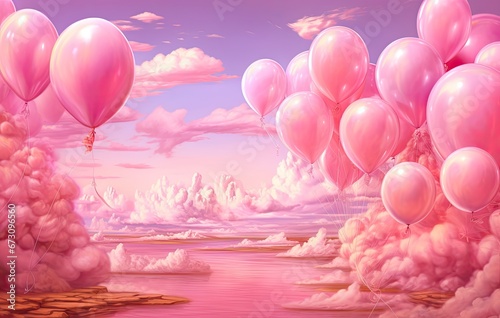 A picture of pink-colored clouds in the sky, contemporary candy-coated, pink balloons. Vanilla sky.