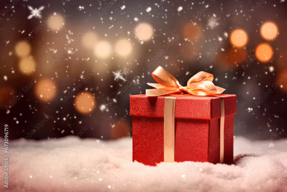 Red Gift Box With Gold Ribbon on the Snow With Christmas Lights and Snowflakes on Background Red Gift Box With Gold Ribbon on the Snow With Christmas Lights and Snowflakes on Background