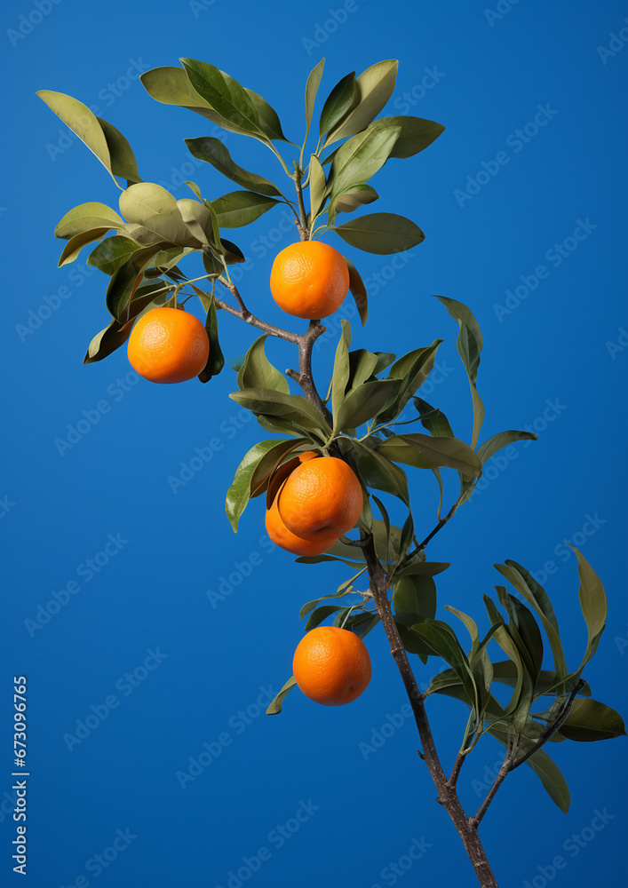 A branch with an orange with blue sky background created with Generative Ai
