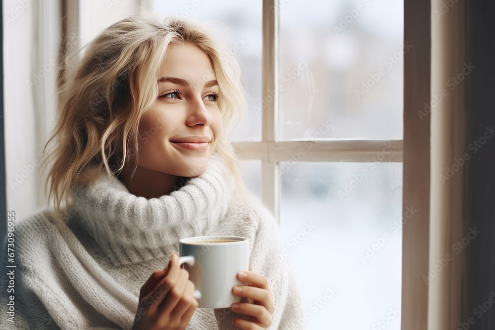 Peaceful Morning Moment with Coffee and Snowy View Peaceful Morning Moment with Coffee and Snowy View