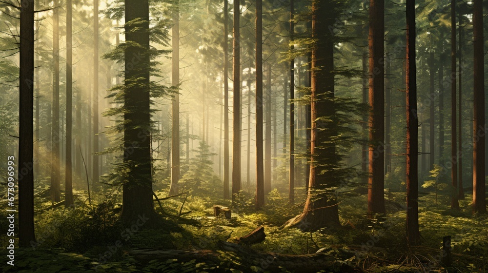 A serene forest scene with sunlight filtering through tall trees, creating captivating patterns