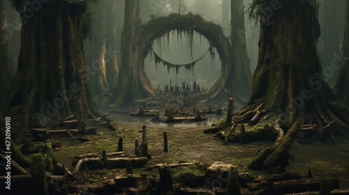 A ring of ancient, weathered tree trunks standing in a mysterious forest clearing