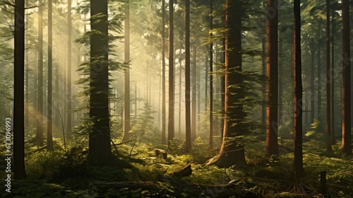A serene forest scene with sunlight filtering through tall trees, creating captivating patterns © jerry