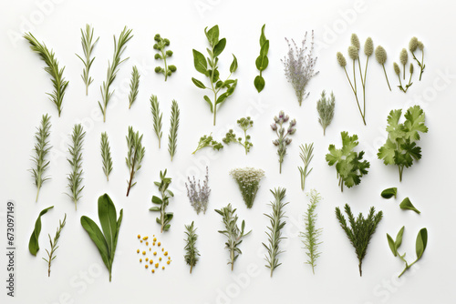 Various green herbs or spices isolated on white background, top view.generative ai 