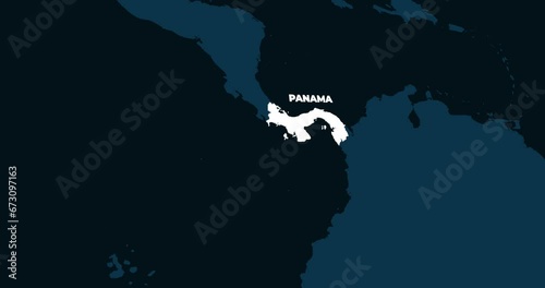 World Map Zoom In To Panama. Animation in 4K Video. White Panama Territory On Dark Blue World Map