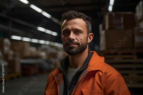 Dedicated Warehouse Worker in Orange Jacket Amidst Storage © esp2k