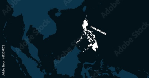 World Map Zoom In To Philippines. Animation in 4K Video. White Philippines Territory On Dark Blue World Map
