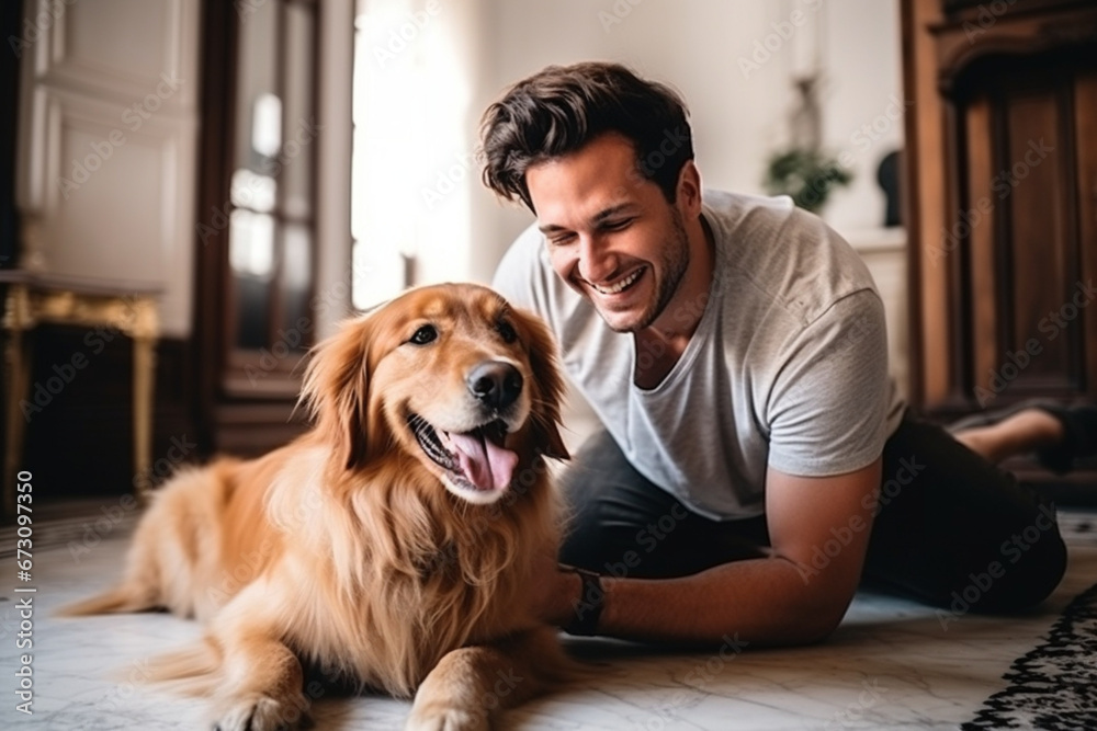 Happy Handsome Young Man Play with Dog at Home, Gorgeous Golden Retriever, Attractive Man Sitting on a Floor, Excited Dog Licking the Owner that Teases the Pet, Having Fun in the Stylish Apartment