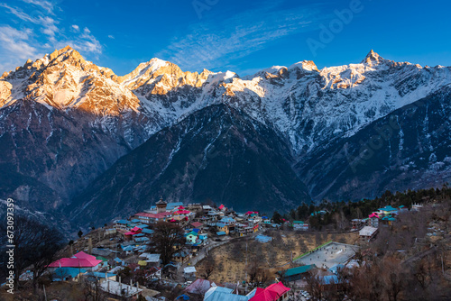 Beautiful panoramic view of Kalpa, It is a small village in Kinnaur district of Himachal Pradesh located amidst Himalayas of India.