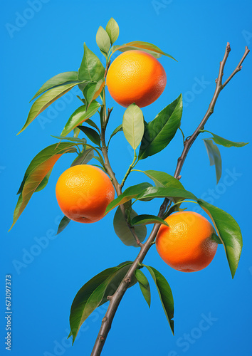 A branch with an orange with blue sky background created with Generative Ai