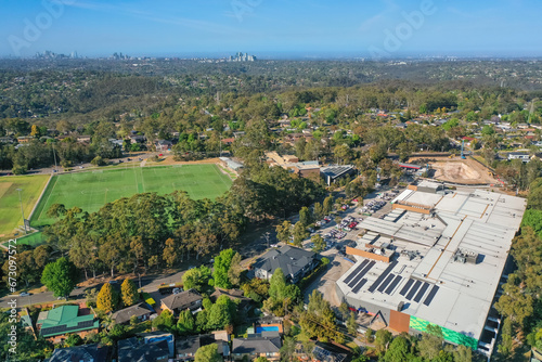 Panoramic drone aerial photo of a residential and shopping area in the Northern Beaches © PicMedia