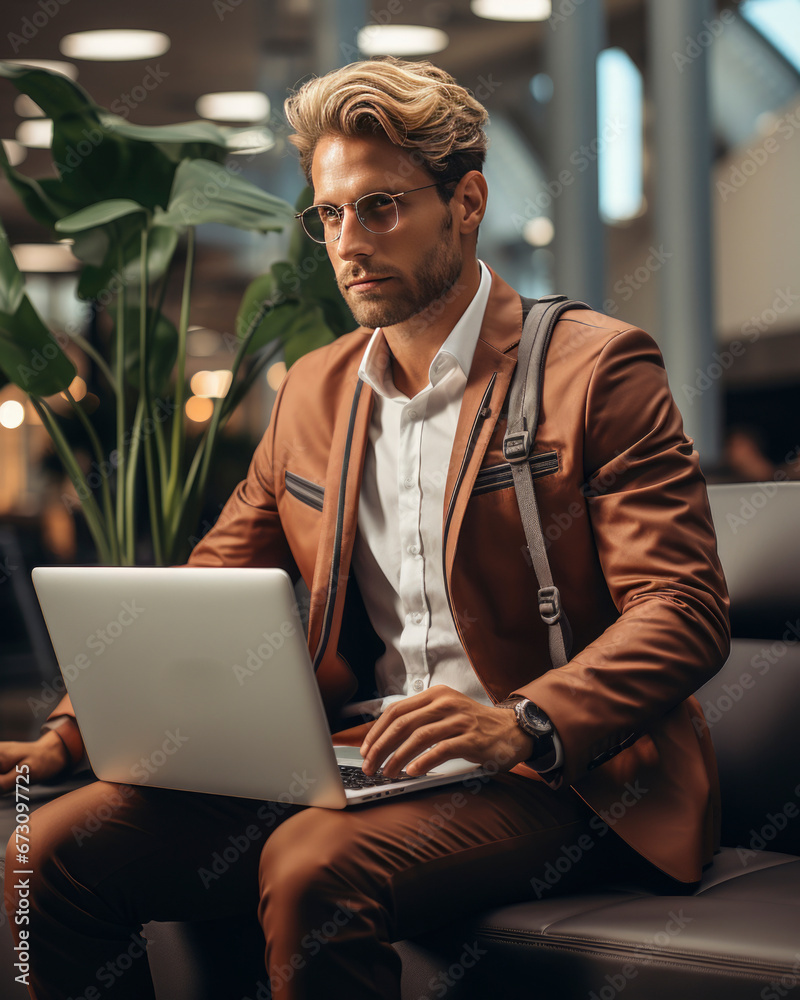public transport , man with notebook in air terminal. bleisure, work life balance, travel concept. public transport , man with notebook in air terminal. bleisure, work life balance, travel concept.