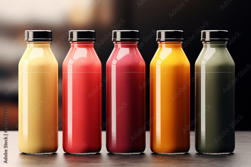 Set of clear bottles with fresh different healthy juices with space for name or label.generative ai Set of clear bottles with fresh different healthy juices with space for name or label.generative ai