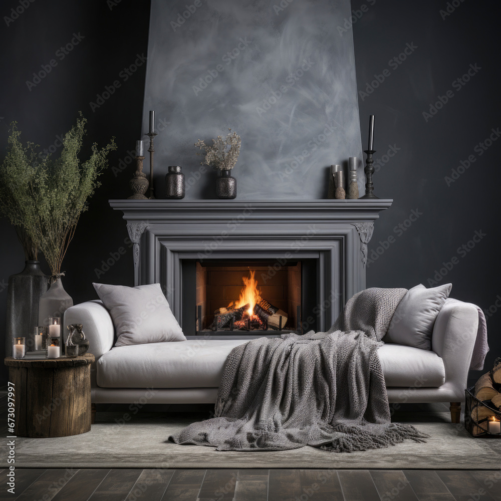 Fototapeta premium Modern interior with sofa and fireplace. Copy space, house design, luxury lifestyle, relax and holiday concept. Scandinavian style. square