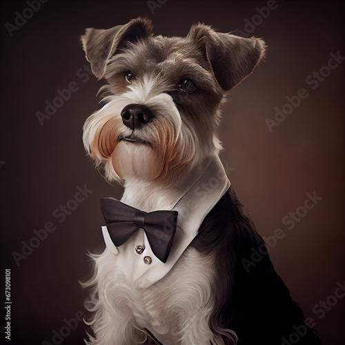 portrait of an elegant dog in a bow tie on a dark background