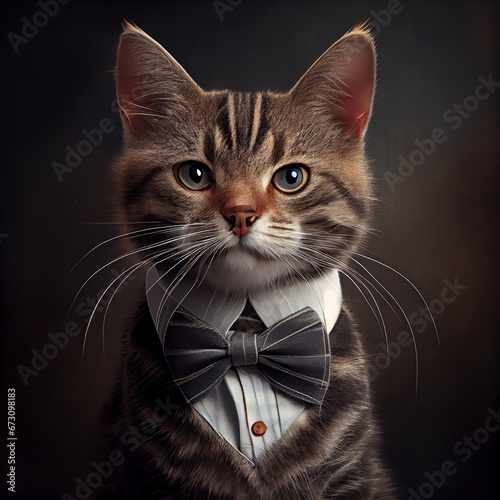portrait of an elegant cat in a bow tie on a dark background © Dmytro Titov