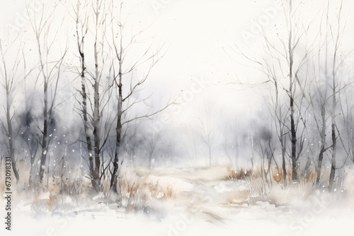 A Watercolor Winter Forest Painting, Capturing the Serene Beauty and Mystique of a Snow-Laden Woodland in the Heart of Winter © Andrii Fanta