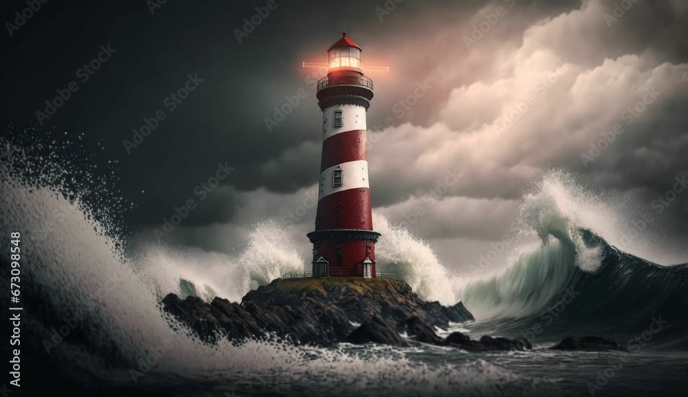 AI generated illustration of a dramatic lighthouse standing tall amidst a fierce storm